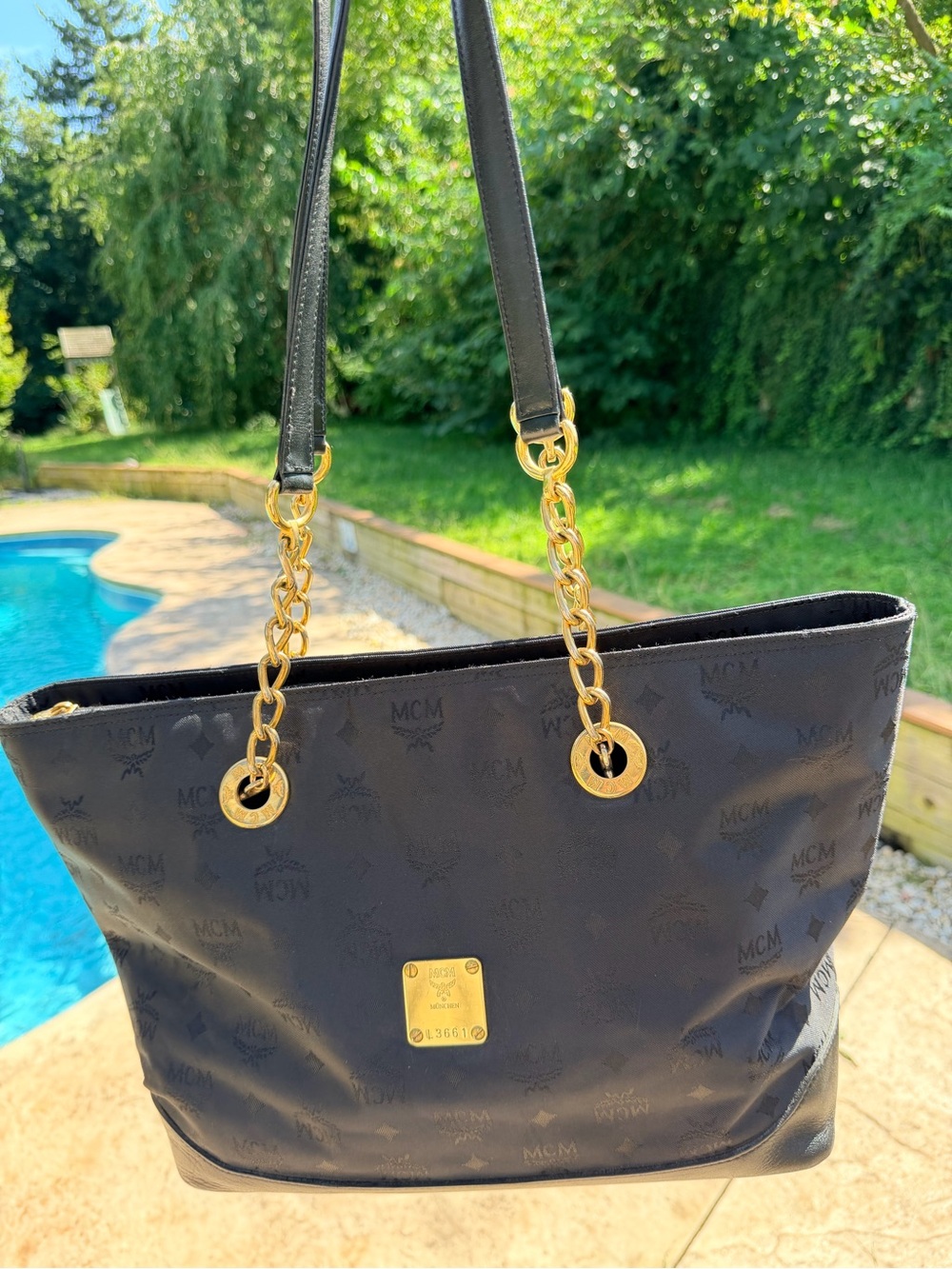 MCM Black Logo Tote with Gold Chain Straps